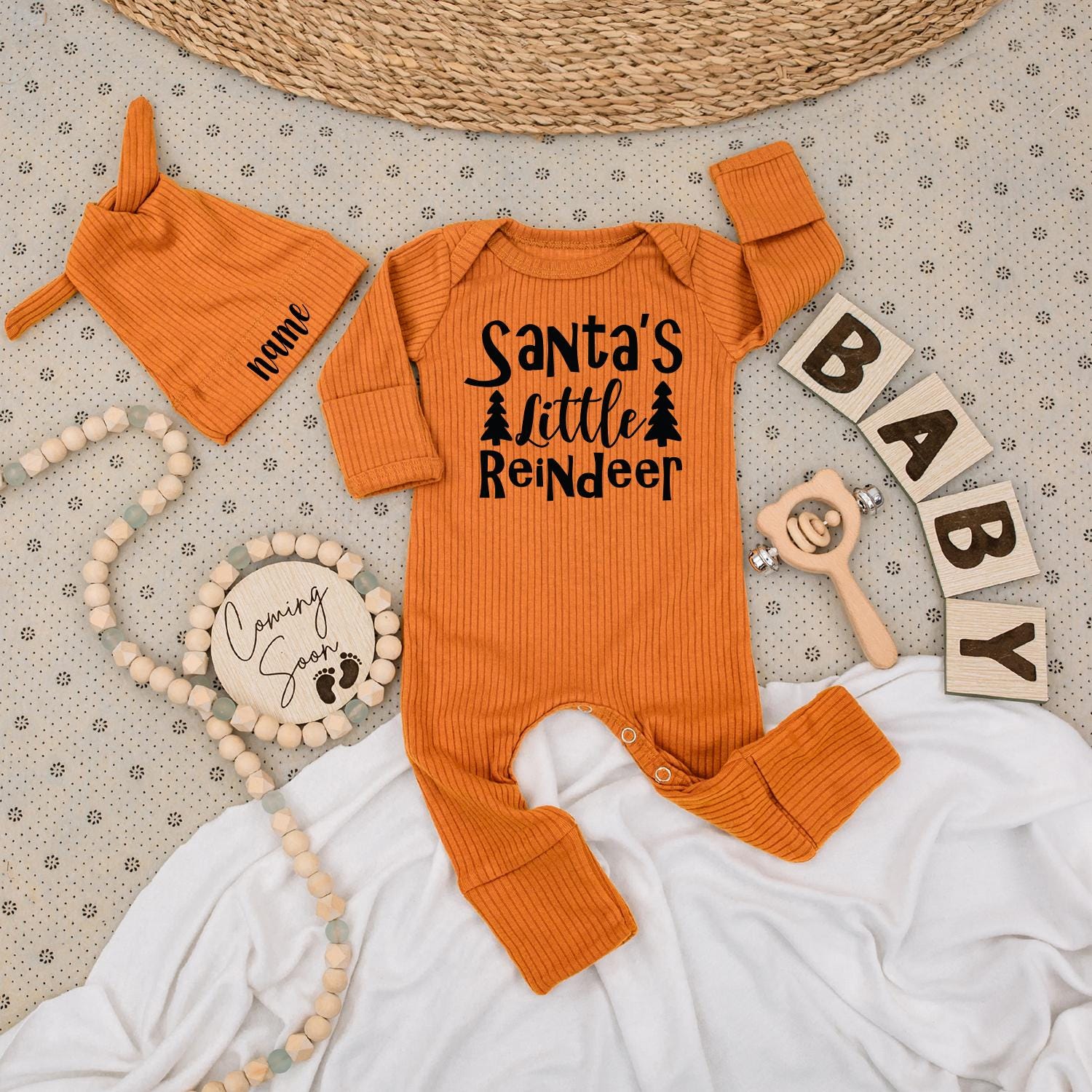 Santa's Little Reindeer Baby Bodysuit and Hat Set Cute Christmas Tree Text Unisex Newborn Gift Personalized Name Outfit 1st Xmas