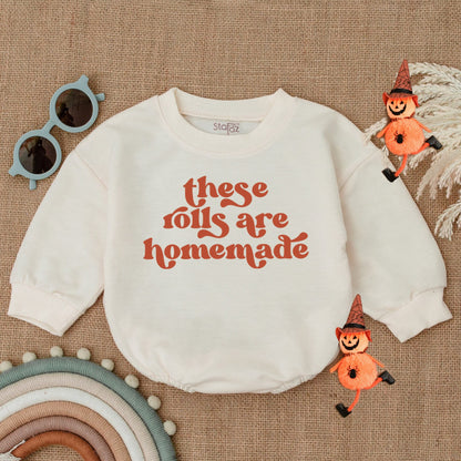 Homemade Rolls Baby Bodysuit: Retro Thanksgiving Outfit, Funny Fall Bodysuit, Infant Romper, Kids Sweater, Newborn Clothes, Vintage Brown Text 138
