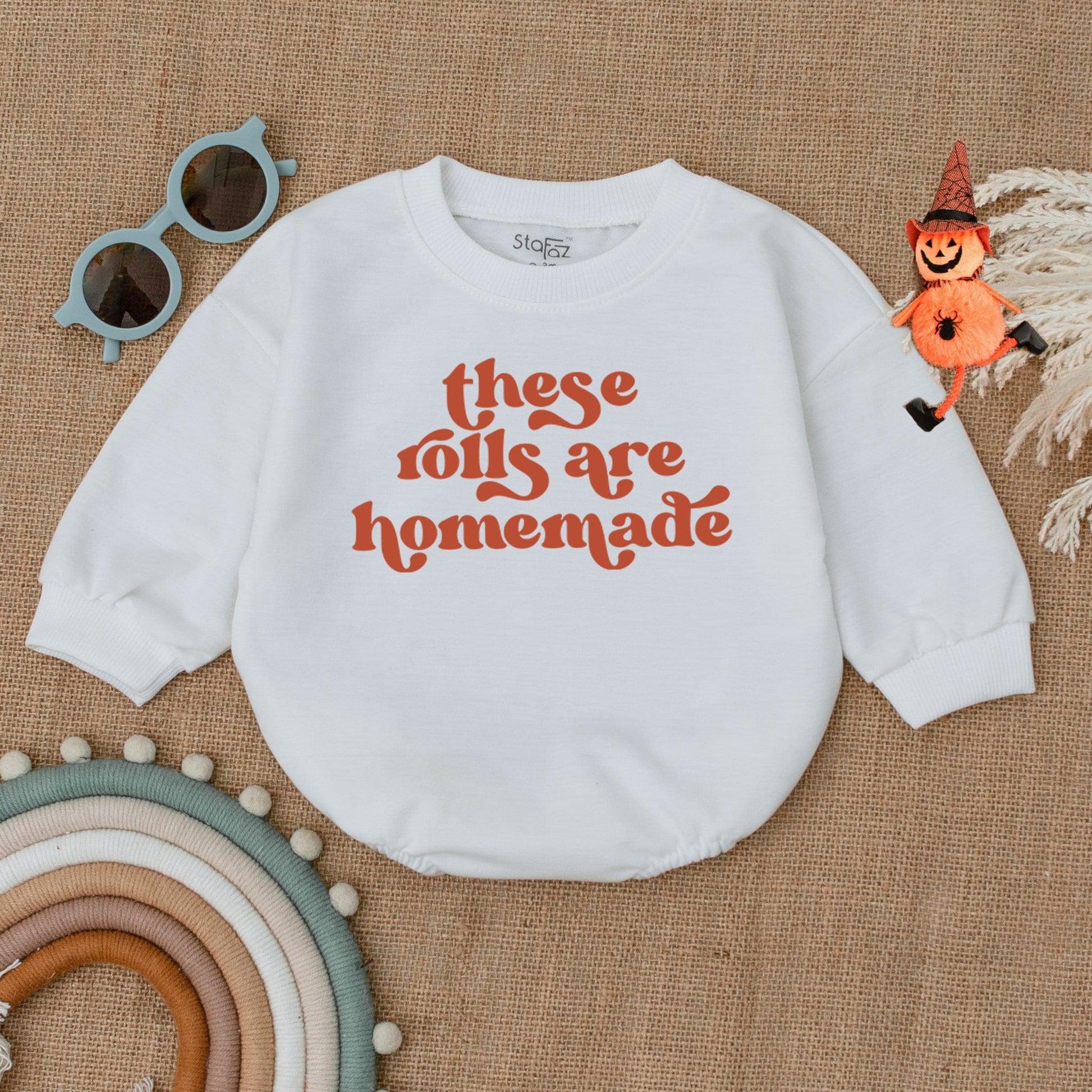 Homemade Rolls Baby Bodysuit: Retro Thanksgiving Outfit, Funny Fall Bodysuit, Infant Romper, Kids Sweater, Newborn Clothes, Vintage Brown Text 138