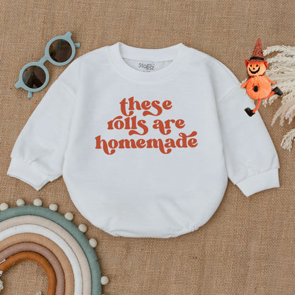 Homemade Rolls Baby Bodysuit: Retro Thanksgiving Outfit, Funny Fall Bodysuit, Infant Romper, Kids Sweater, Newborn Clothes, Vintage Brown Text 138