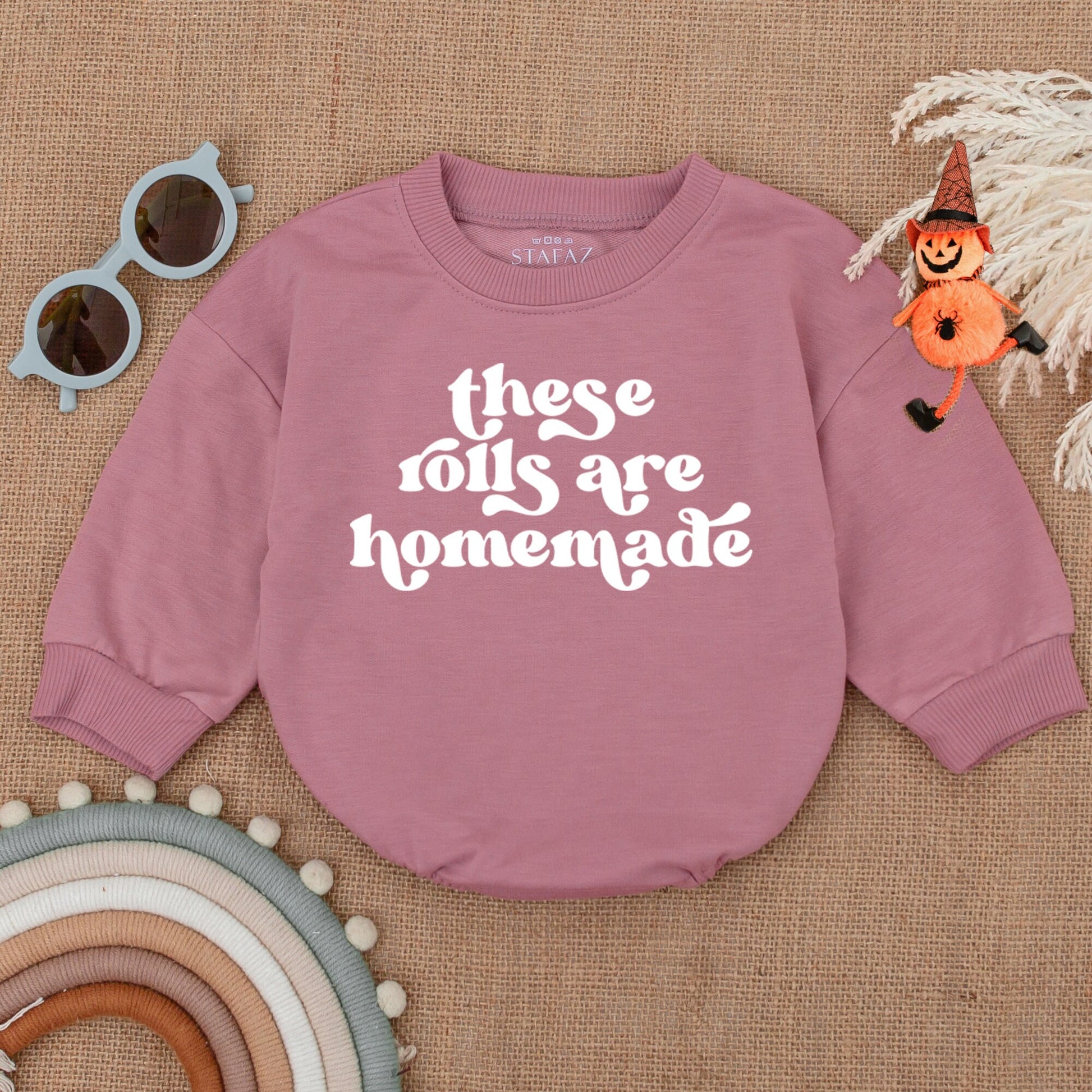 Homemade Rolls Baby Bodysuit: Retro Thanksgiving Outfit, Funny Fall Bodysuit, Infant Romper, Kids Sweater, Newborn Clothes, Vintage Brown Text 138
