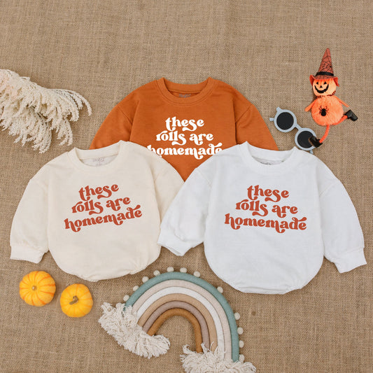 Homemade Rolls Baby Bodysuit: Retro Thanksgiving Outfit, Funny Fall Bodysuit, Infant Romper, Kids Sweater, Newborn Clothes, Vintage Brown Text 138