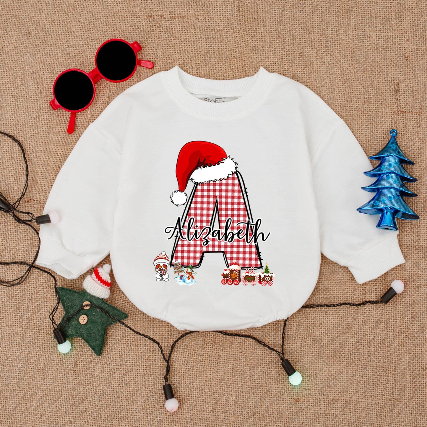 Custom Christmas Baby Outfit with Red Gingham Initial & Santa Hat! Personalized Baby Bodysuit or Romper Gift