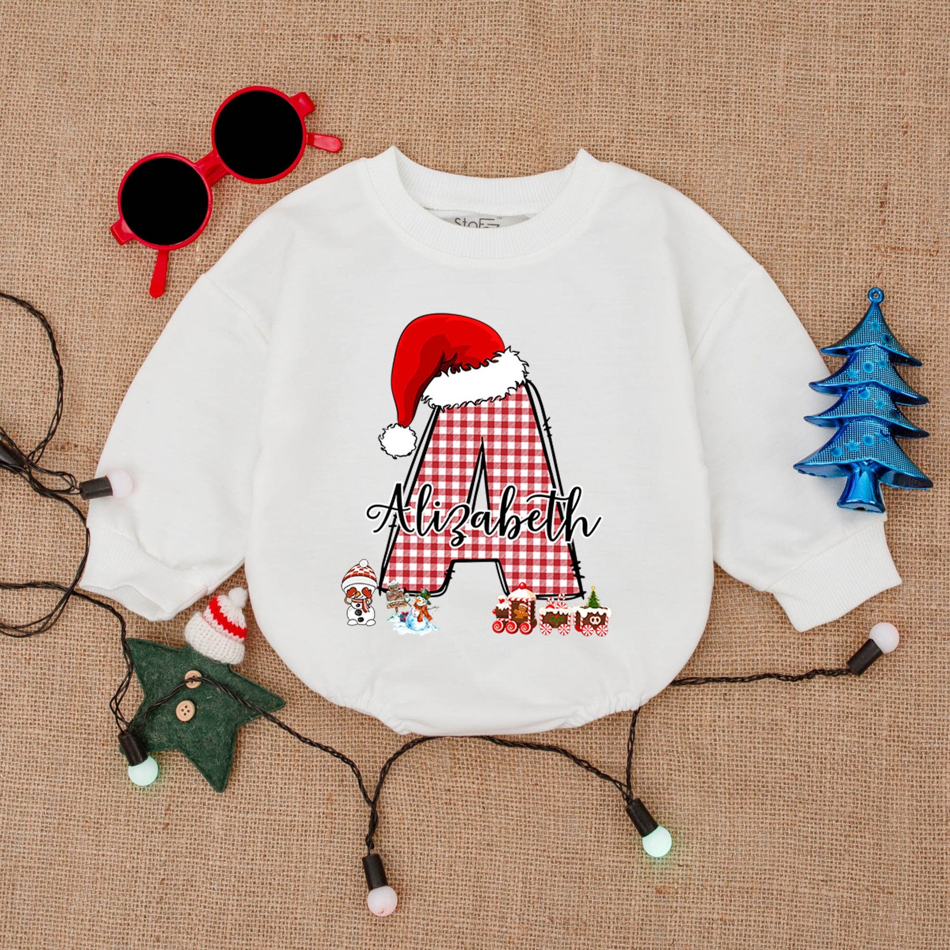 Custom Christmas Baby Outfit with Red Gingham Initial & Santa Hat! Personalized Baby Bodysuit or Romper Gift