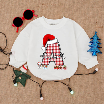 Custom Christmas Baby Outfit with Red Gingham Initial & Santa Hat! Personalized Baby Bodysuit or Romper Gift