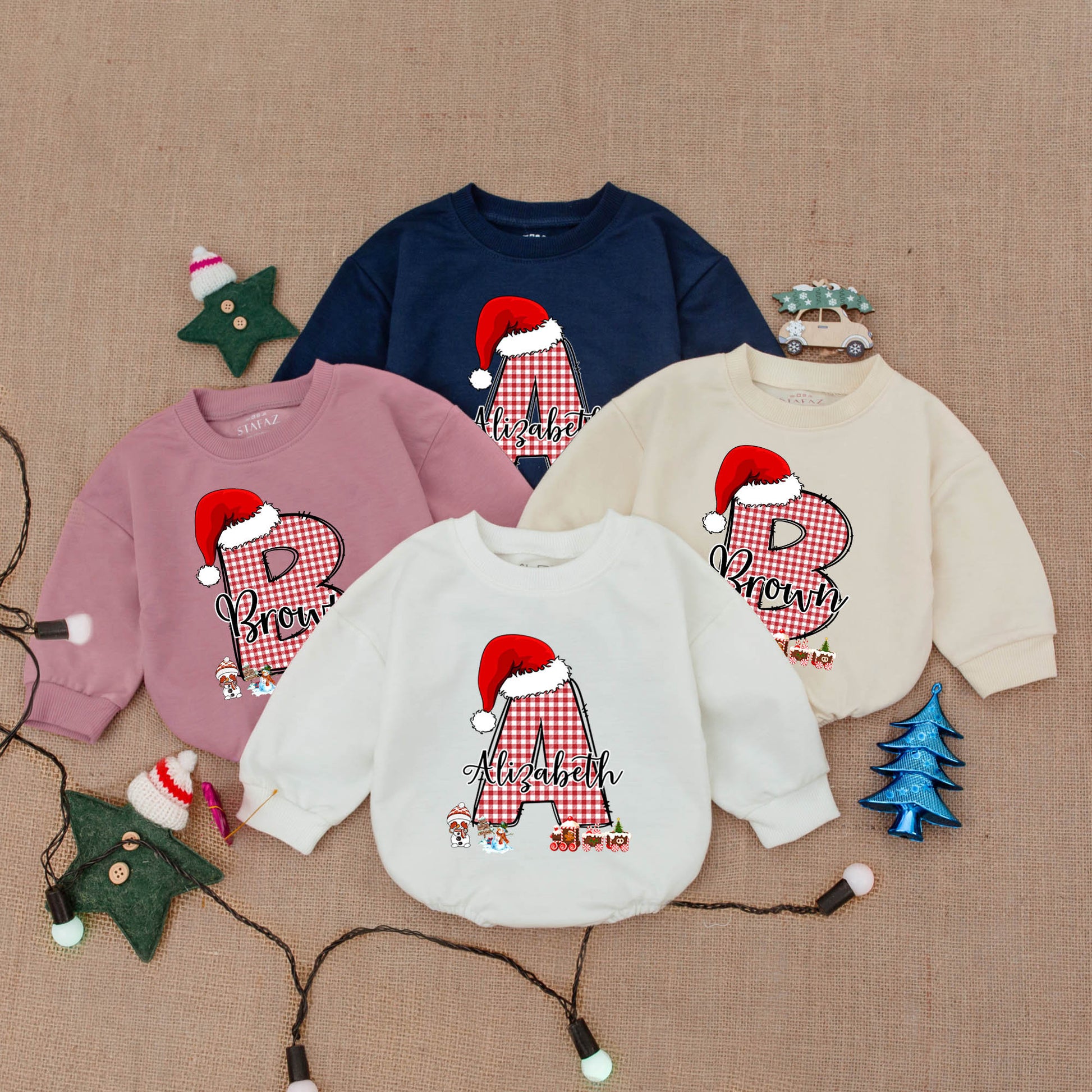 Custom Christmas Baby Outfit with Red Gingham Initial & Santa Hat! Personalized Baby Bodysuit or Romper Gift