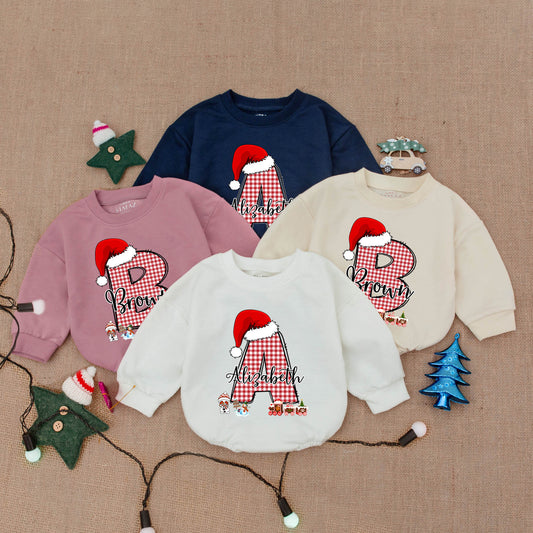 Custom Christmas Baby Outfit with Red Gingham Initial & Santa Hat! Personalized Baby Bodysuit or Romper Gift