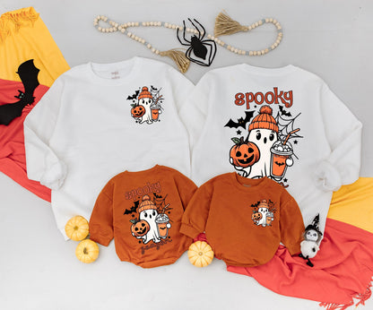 Matching Family Halloween Sweatshirt & Romper Cute Spooky Ghost Design Vintage Cartoon Style Orange Black White Fall Celebration Gift