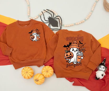Matching Family Halloween Sweatshirt & Romper Cute Spooky Ghost Design Vintage Cartoon Style Orange Black White Fall Celebration Gift