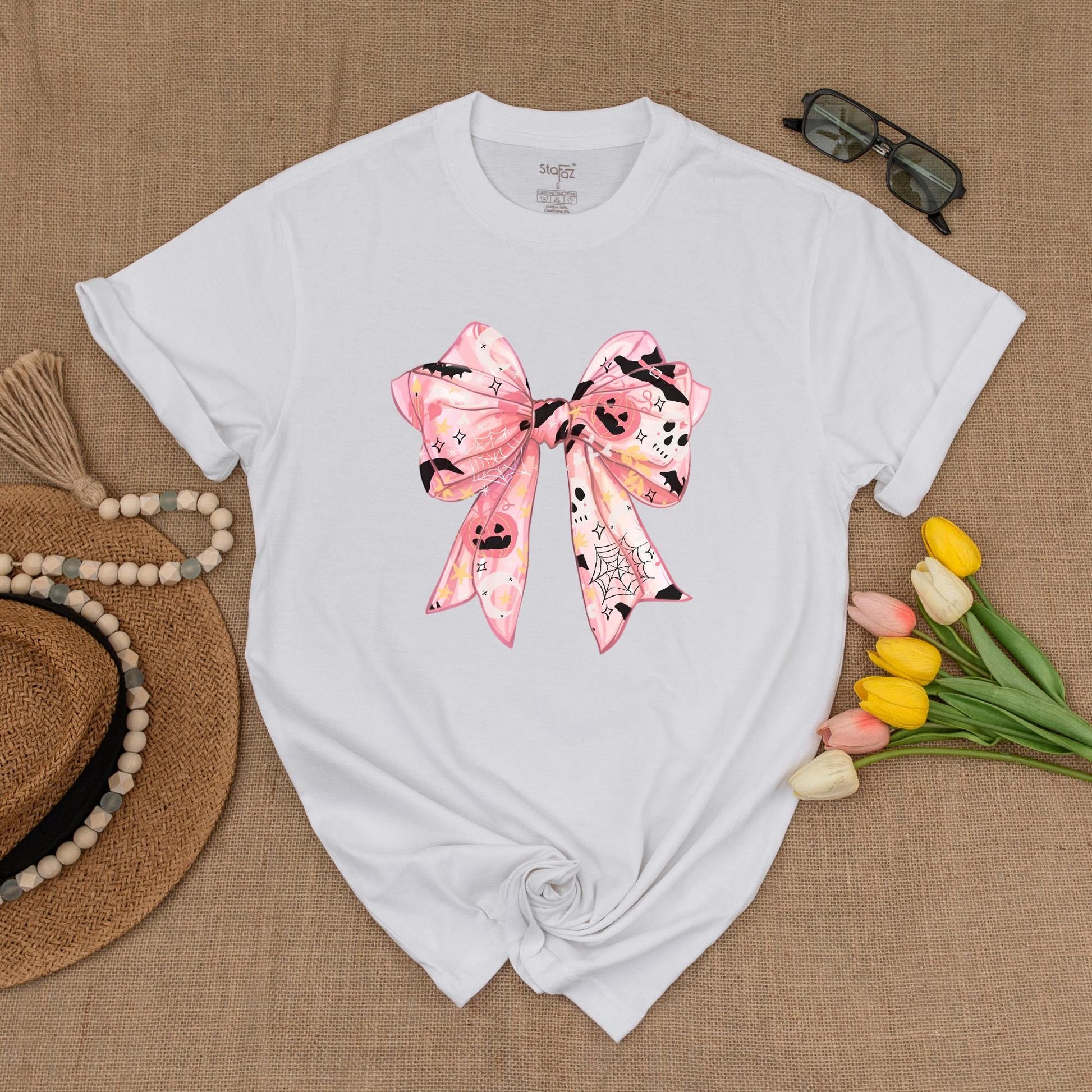 Pink Ghost Bow Tee, Cute Halloween Shirt, Spooky Vibes, Gift for Her  