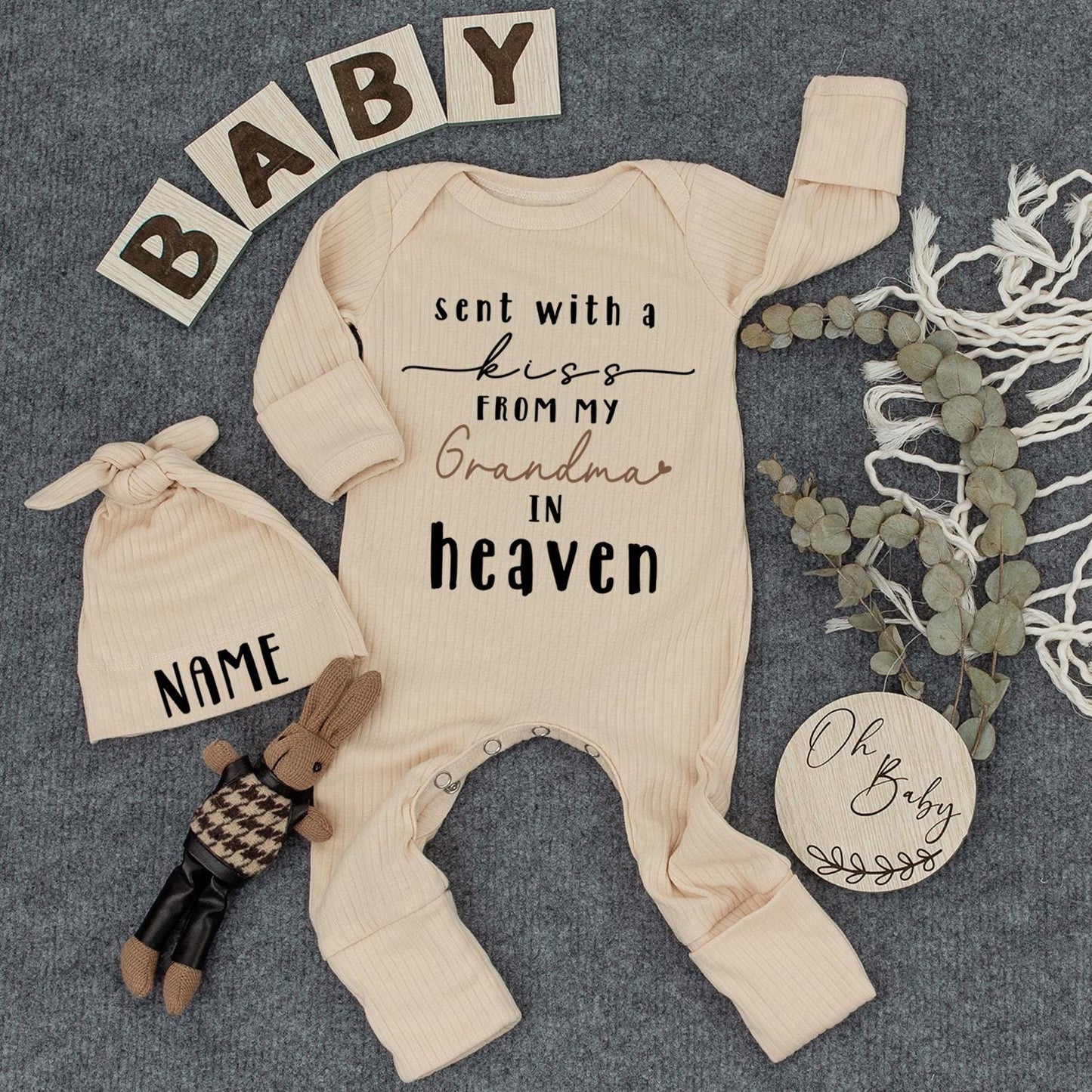 Sent With A Kiss From Grandma In Heaven Baby Bodysuit, Newborn Gift, Pregnancy Reveal, Baby Shower, Custom Baby Clothes