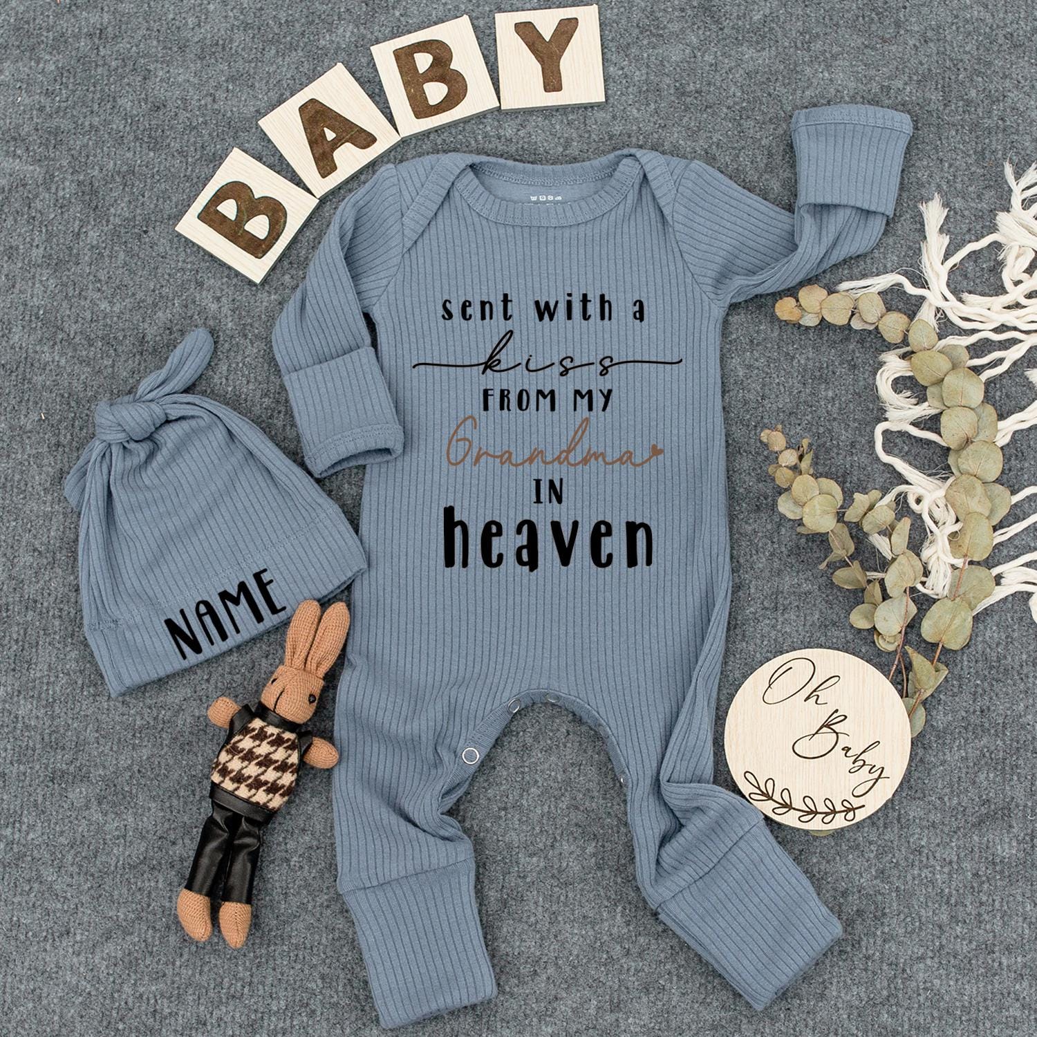 Sent With A Kiss From Grandma In Heaven Baby Bodysuit, Newborn Gift, Pregnancy Reveal, Baby Shower, Custom Baby Clothes