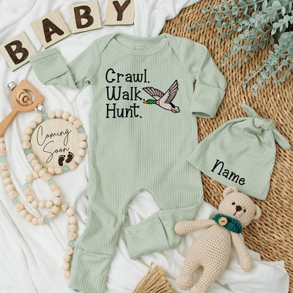 Craw Walk Hunt Baby Bodysuit & Hat Set - Duck Hunting Gift for Newborn Boy or Girl, Mallard Clothes, Baby Shower