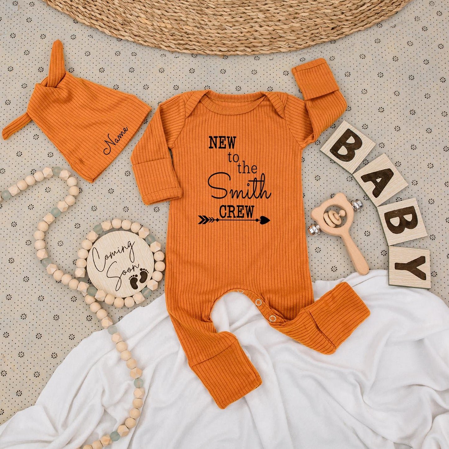 Personalized New To The Crew Baby Bodysuit Set with Hat Custom Name Newborn Gift Welcome Family Outfit Modern Black Ink Design Baby Announcement Unique Shower Gift