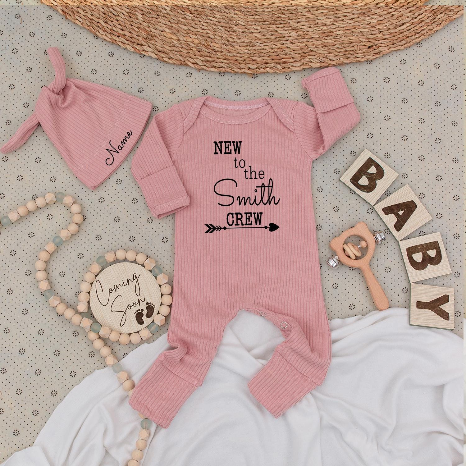 Personalized New To The Crew Baby Bodysuit Set with Hat Custom Name Newborn Gift Welcome Family Outfit Modern Black Ink Design Baby Announcement Unique Shower Gift