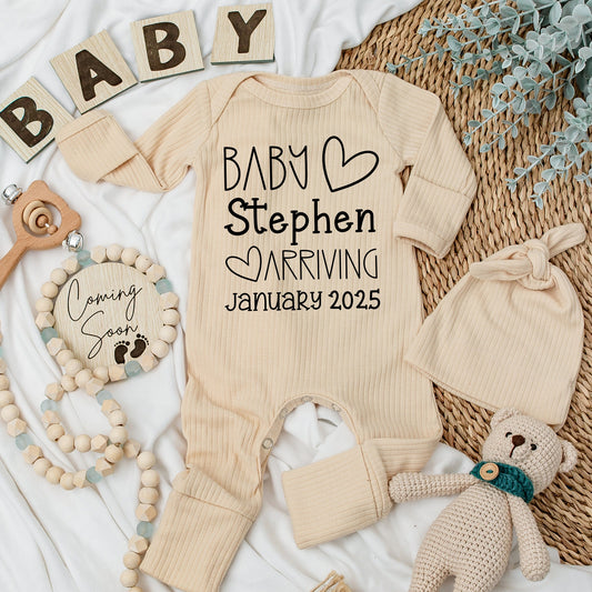 Personalized Baby Arriving Romper - Custom Name & Date Newborn Outfit, Soft Silky Going Home Outfit for Baby Boys & Girls, Minimalist Heart Design 139