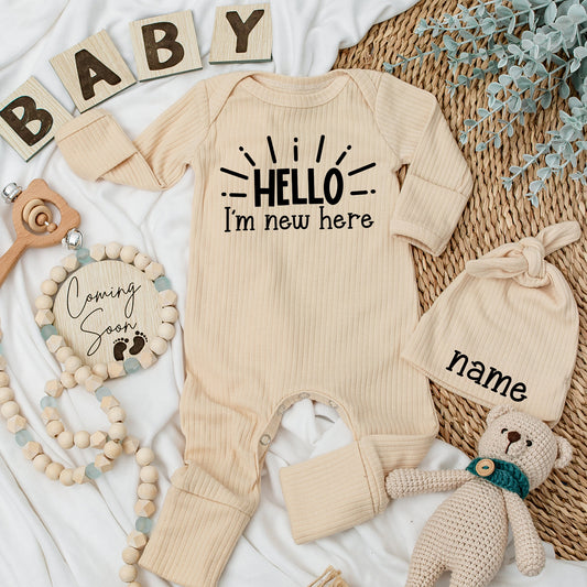 Hello I'm New Here Baby Bodysuit & Hat Set, Gender Neutral Newborn Outfit Announcement Gift, Hello World, Coming Home, Soft Cotton