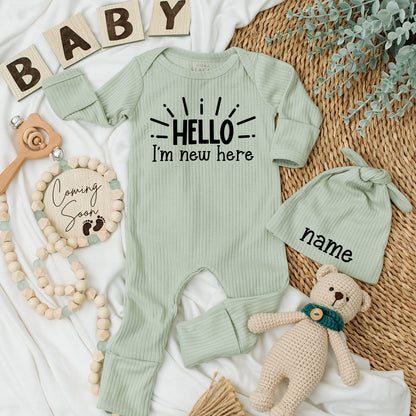 Hello I'm New Here Baby Bodysuit & Hat Set, Gender Neutral Newborn Outfit Announcement Gift, Hello World, Coming Home, Soft Cotton