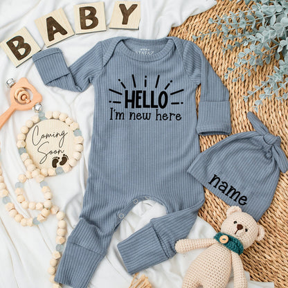 Hello I'm New Here Baby Bodysuit & Hat Set, Gender Neutral Newborn Outfit Announcement Gift, Hello World, Coming Home, Soft Cotton