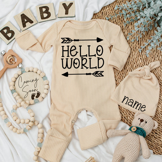Hello World Baby Announcement Outfit, Gender Neutral Bodysuit & Hat Set, Coming Soon Newborn Gift, Modern Black Print, Shower Gift Name Hat  (136 chars)