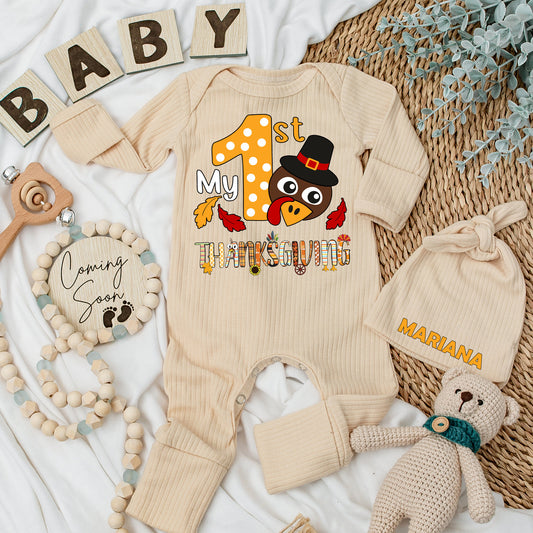 My First Thanksgiving Baby Bodysuit & Hat Set Newborn Boy Girl Thanksgiving Outfit Long Sleeve Coming Home Gift