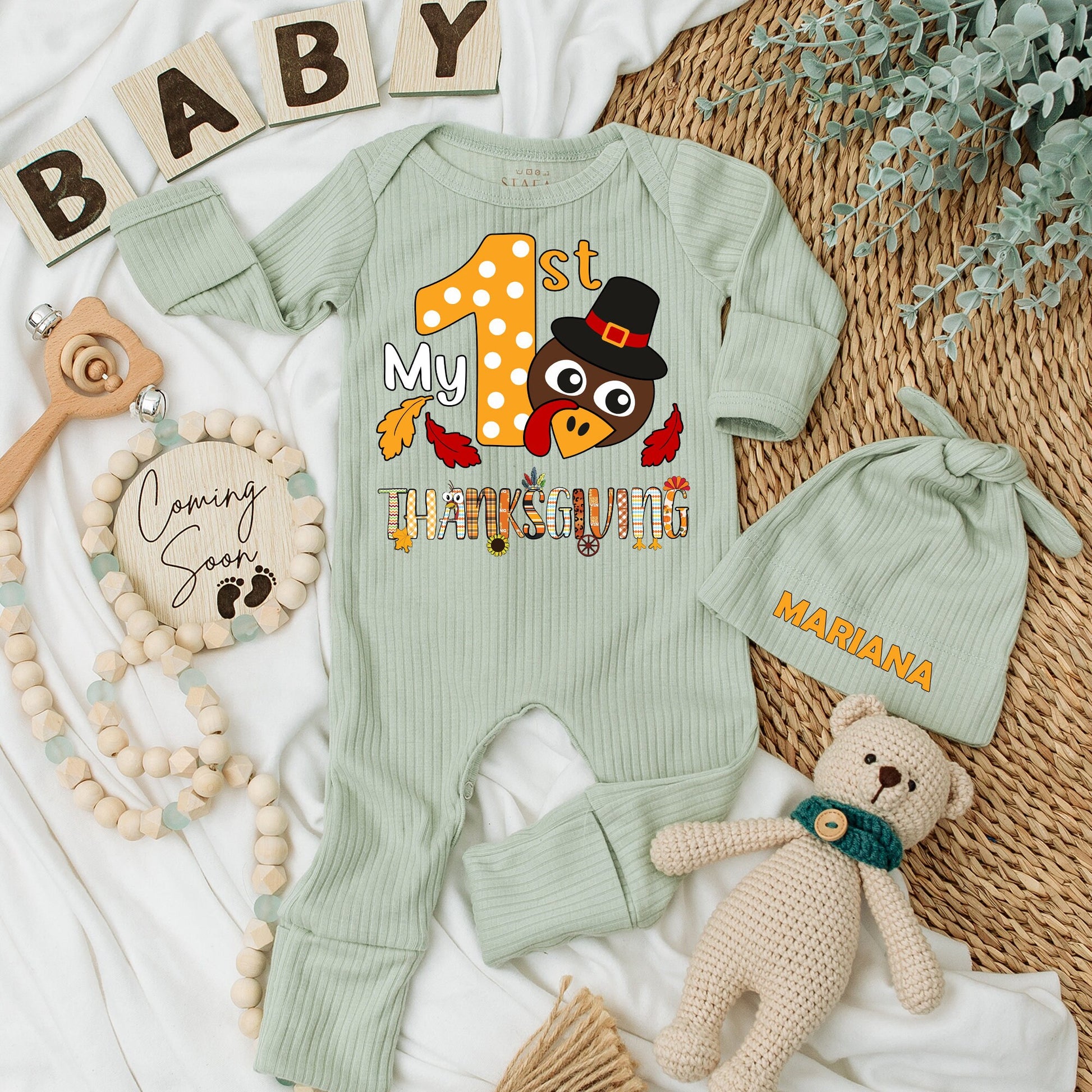 My First Thanksgiving Baby Bodysuit & Hat Set Newborn Boy Girl Thanksgiving Outfit Long Sleeve Coming Home Gift