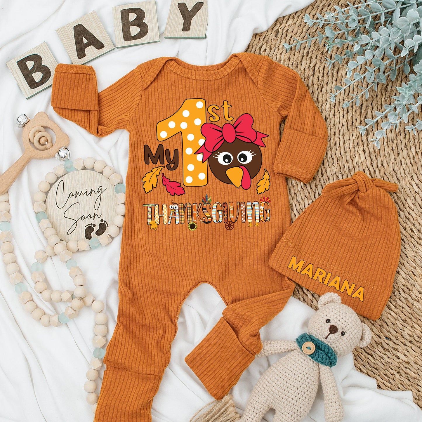My 1st Thanksgiving Baby Bodysuit & Hat Set Cute Cartoon Turkey Polka Dot Outfit Newborn Girl Gift Long Sleeve