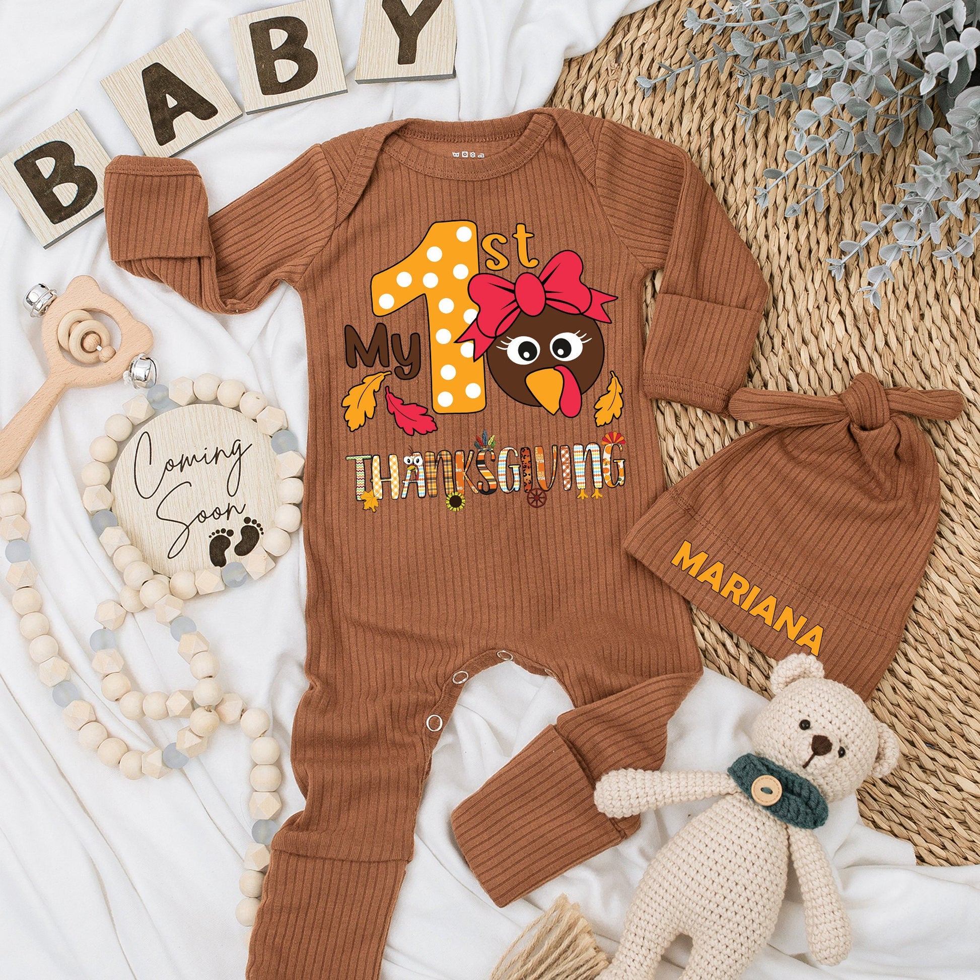 My 1st Thanksgiving Baby Bodysuit & Hat Set Cute Cartoon Turkey Polka Dot Outfit Newborn Girl Gift Long Sleeve