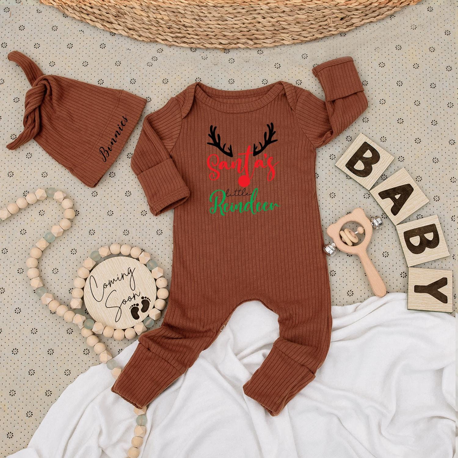 Santa's Little Reindeer Baby Bodysuit & Hat Christmas Outfit Personalized Name Coming Soon Cute 1st Xmas Gift Unisex