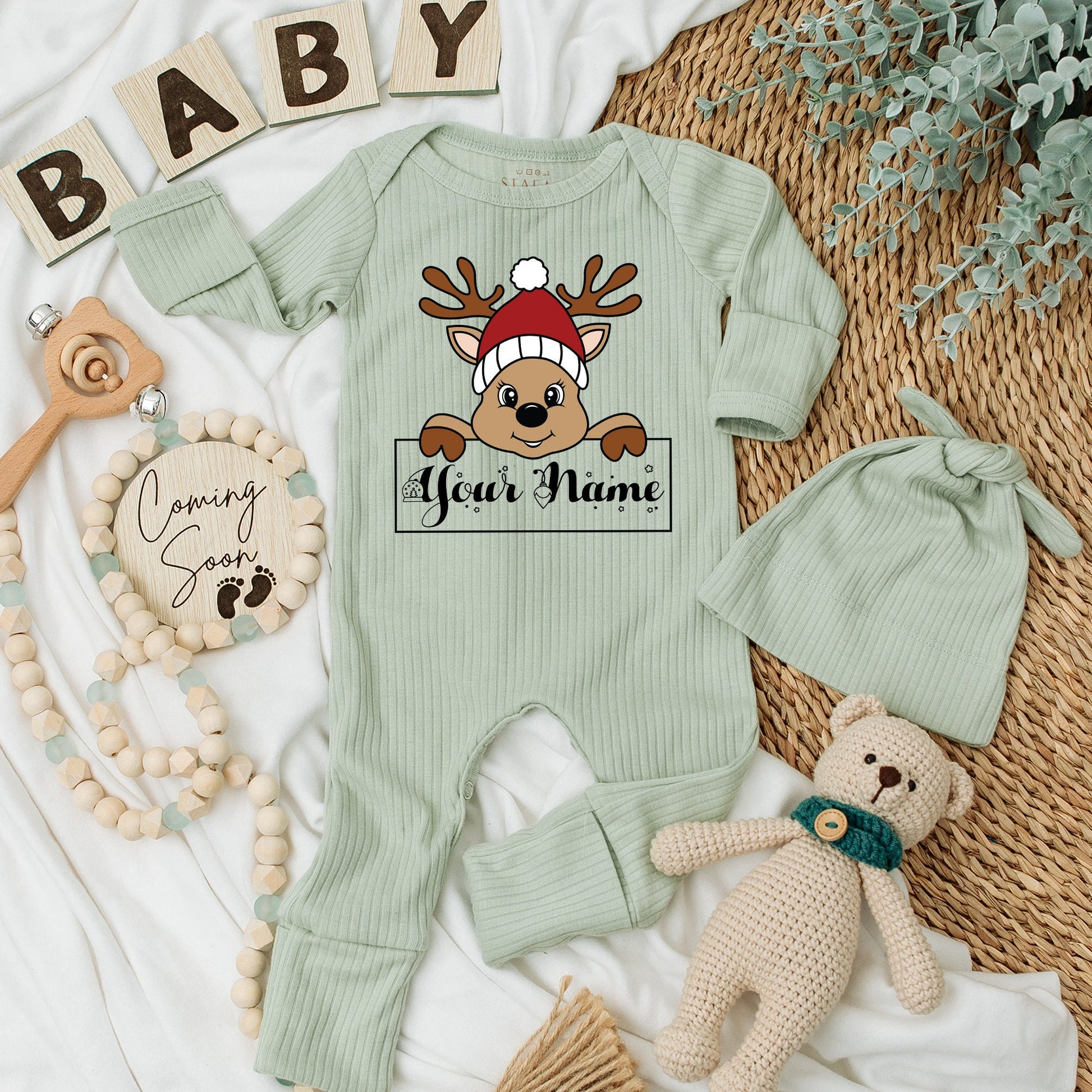 Personalized Boy Reindeer Christmas Outfit Cute Name Bodysuit and Hat Silky Soft Long Sleeve Romper Going Home Newborn Gift