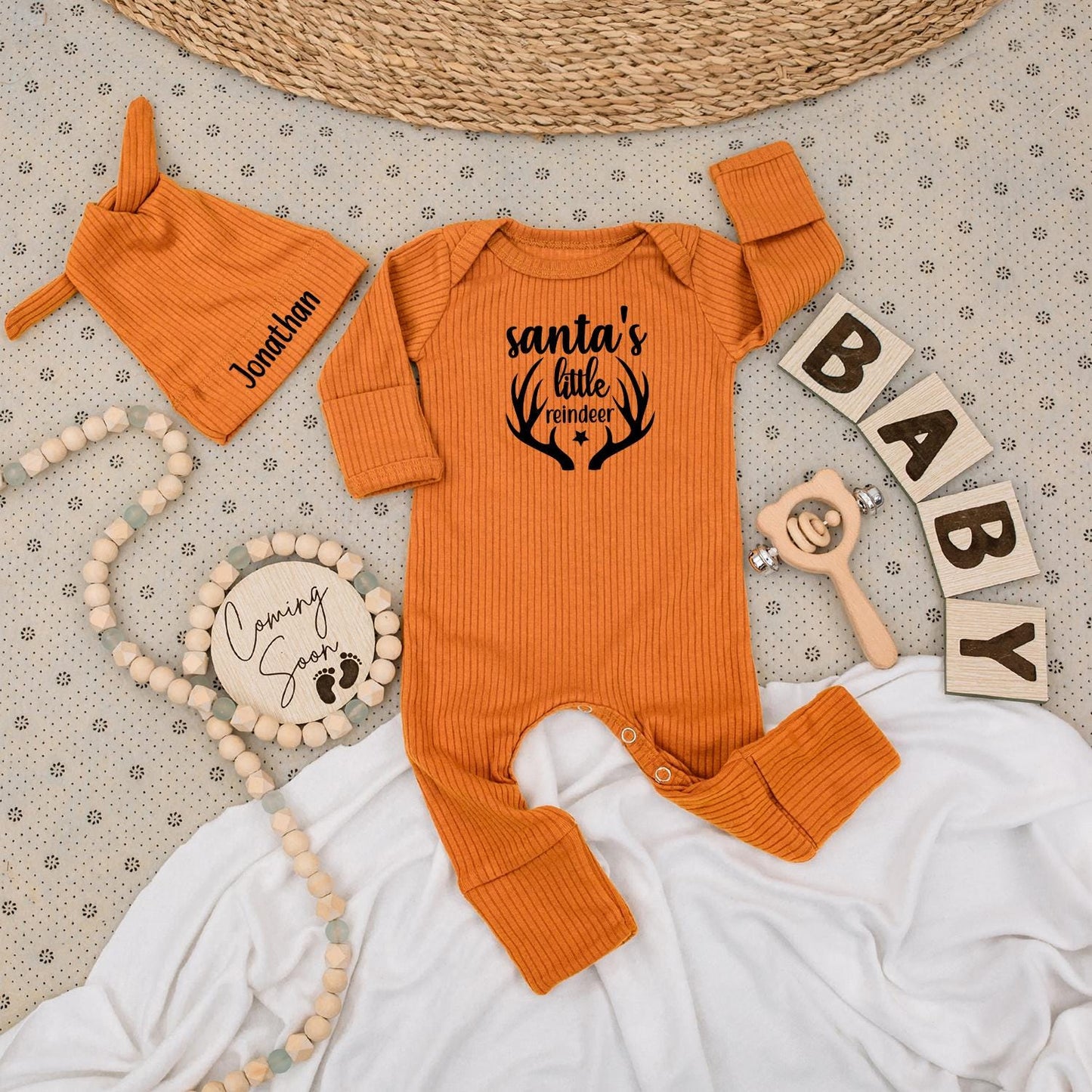 Santa's Little Reindeer Baby Bodysuit & Hat Set Cute 1st Xmas Outfit Personalized Name Romper Unisex Baby Gift Coming Soon