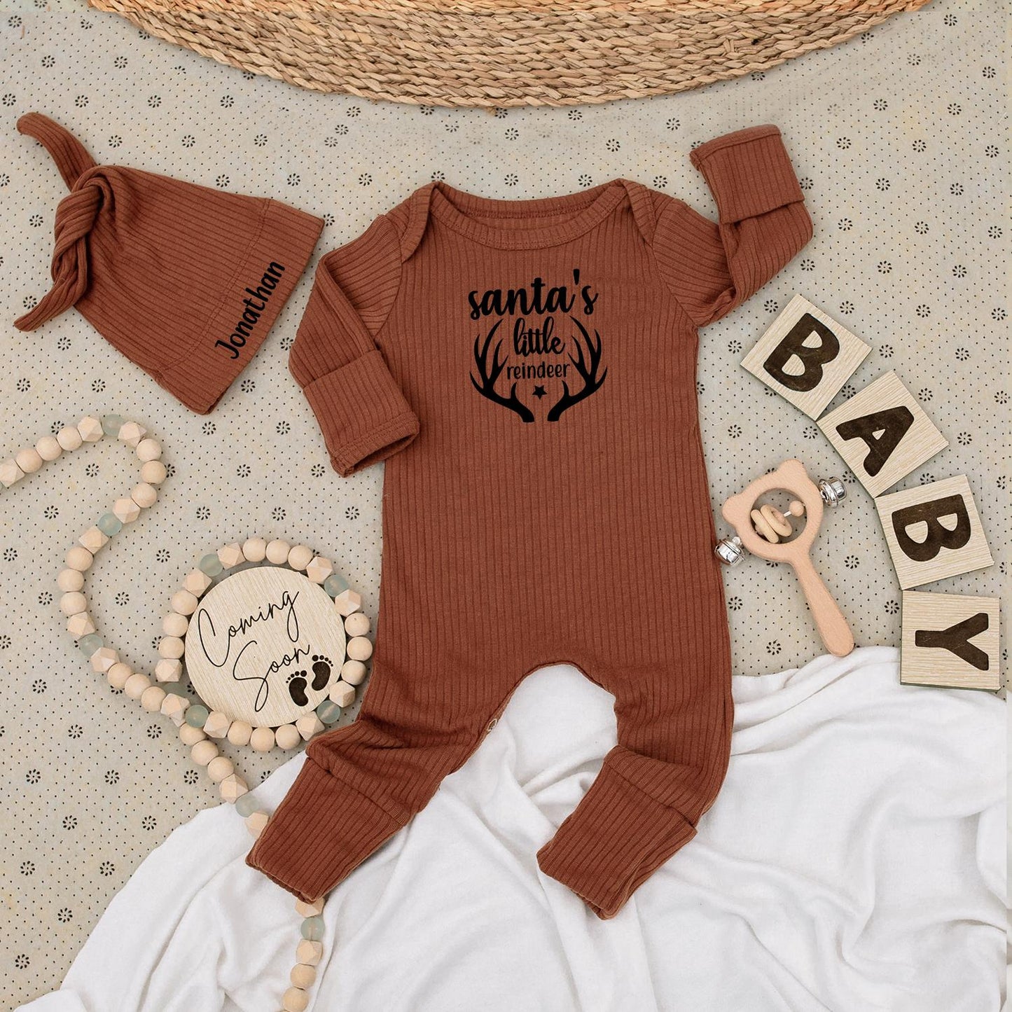 Santa's Little Reindeer Baby Bodysuit & Hat Set Cute 1st Xmas Outfit Personalized Name Romper Unisex Baby Gift Coming Soon