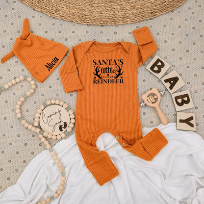 Santa's Little Reindeer Baby Bodysuit and Hat Set Personalized Name Outfit Cute 1st Xmas New Baby Unisex Gift Coming Soon Festive Holiday