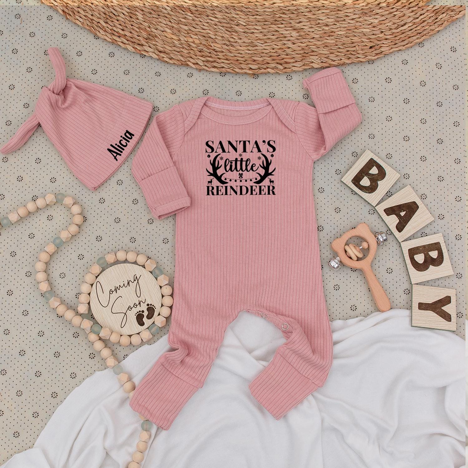 Santa's Little Reindeer Baby Bodysuit and Hat Set Personalized Name Outfit Cute 1st Xmas New Baby Unisex Gift Coming Soon Festive Holiday