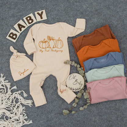 My First Thanksgiving Baby Bodysuit and Hat Set with Three White Pumpkins and Leaves for Newborns and Baby Showers, Long Sleeve