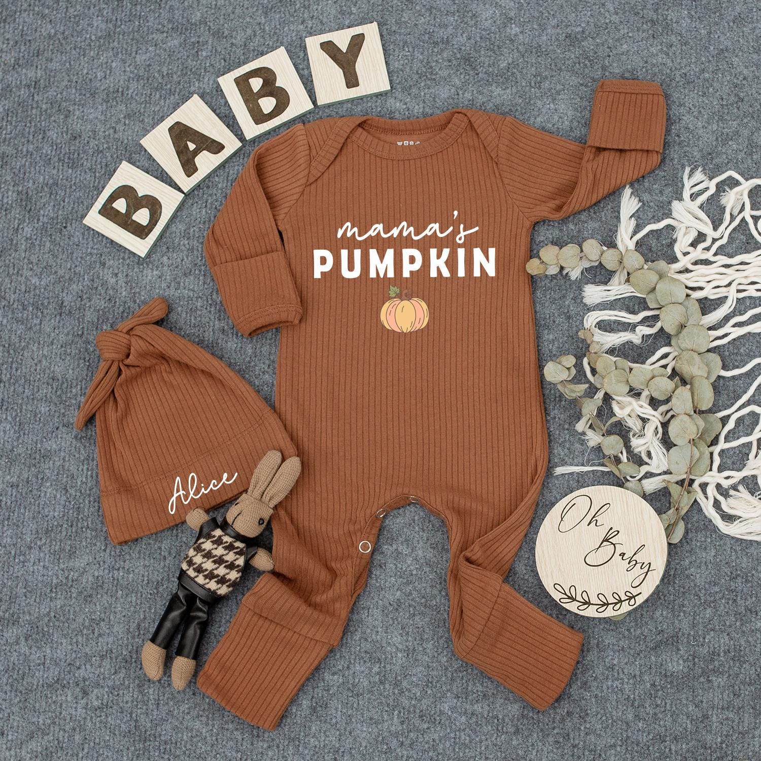 Mama's Pumpkin Baby Bodysuit & Alice Hat Set Newborn Fall Outfit Baby Shower Gift Coming Home Long Sleeve