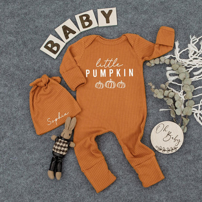 Little Pumpkin Baby Bodysuit and Hat Set White Graphic Print Fall Newborn Baby Shower Gift Long Sleeve Outfit Announcement