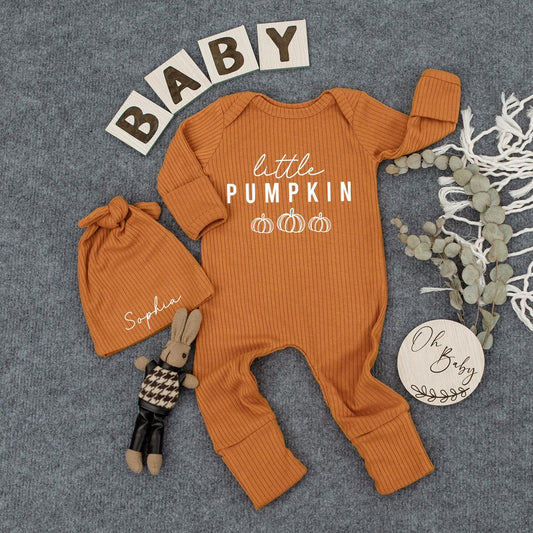 Little Pumpkin Baby Bodysuit and Hat Set White Graphic Print Fall Newborn Baby Shower Gift Long Sleeve Outfit Announcement