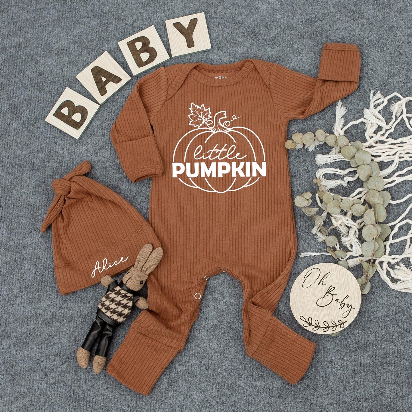 Little Pumpkin Baby Bodysuit and Hat Set Newborn Baby Shower Gift Coming Home Long Sleeve Fall Outfit Alice Name