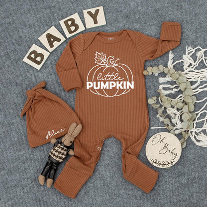 Little Pumpkin Baby Bodysuit and Hat Set Newborn Baby Shower Gift Coming Home Long Sleeve Fall Outfit Alice Name