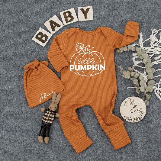 Little Pumpkin Baby Bodysuit and Hat Set Newborn Baby Shower Gift Coming Home Long Sleeve Fall Outfit Alice Name