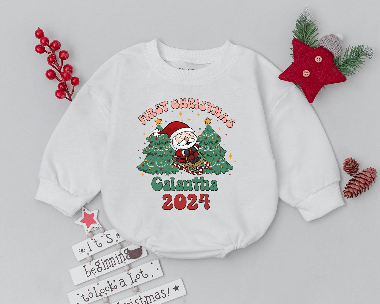 Personalized First Christmas Romper & Retro Howdy Santa Bodysuit