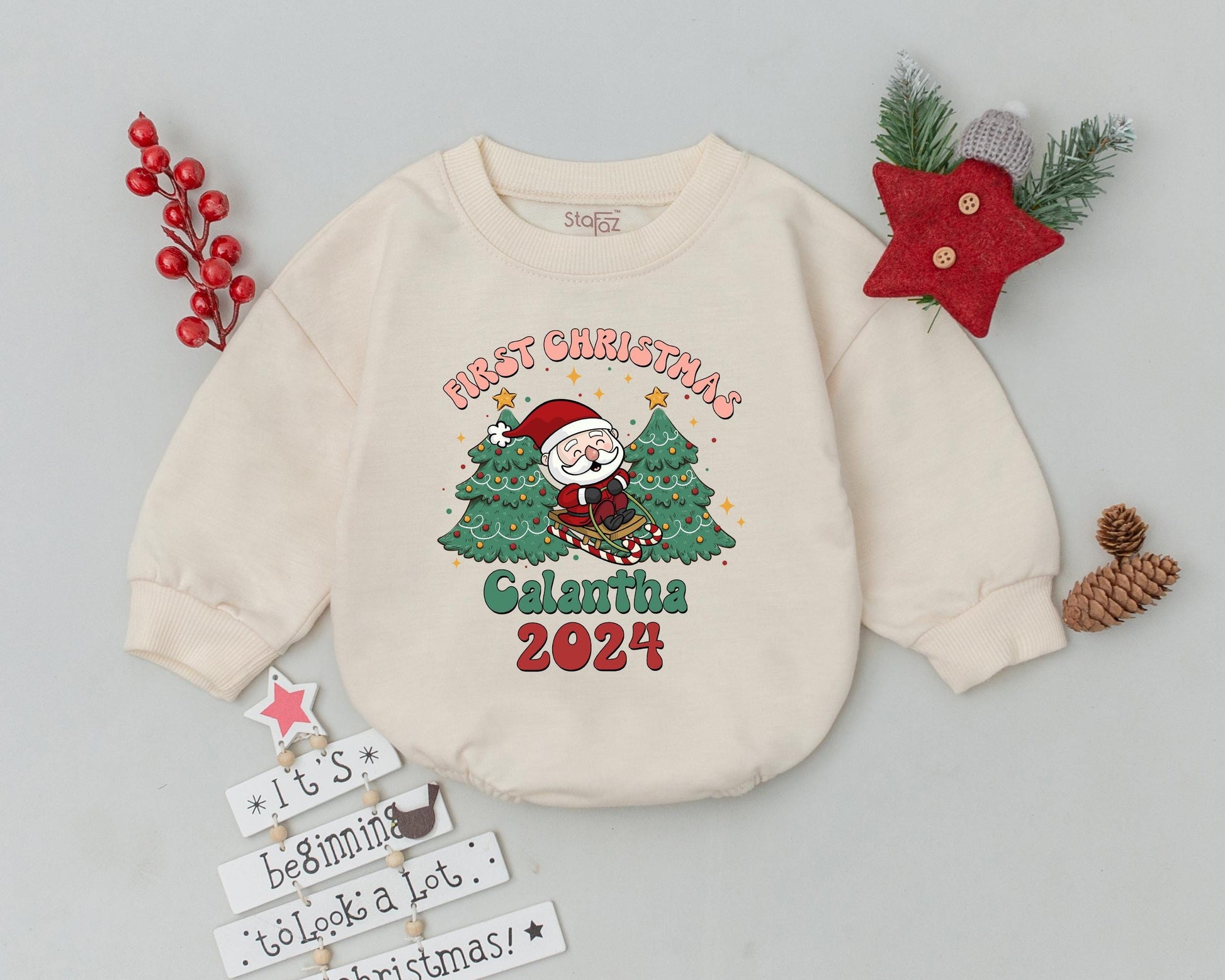 Personalized First Christmas Romper & Retro Howdy Santa Bodysuit