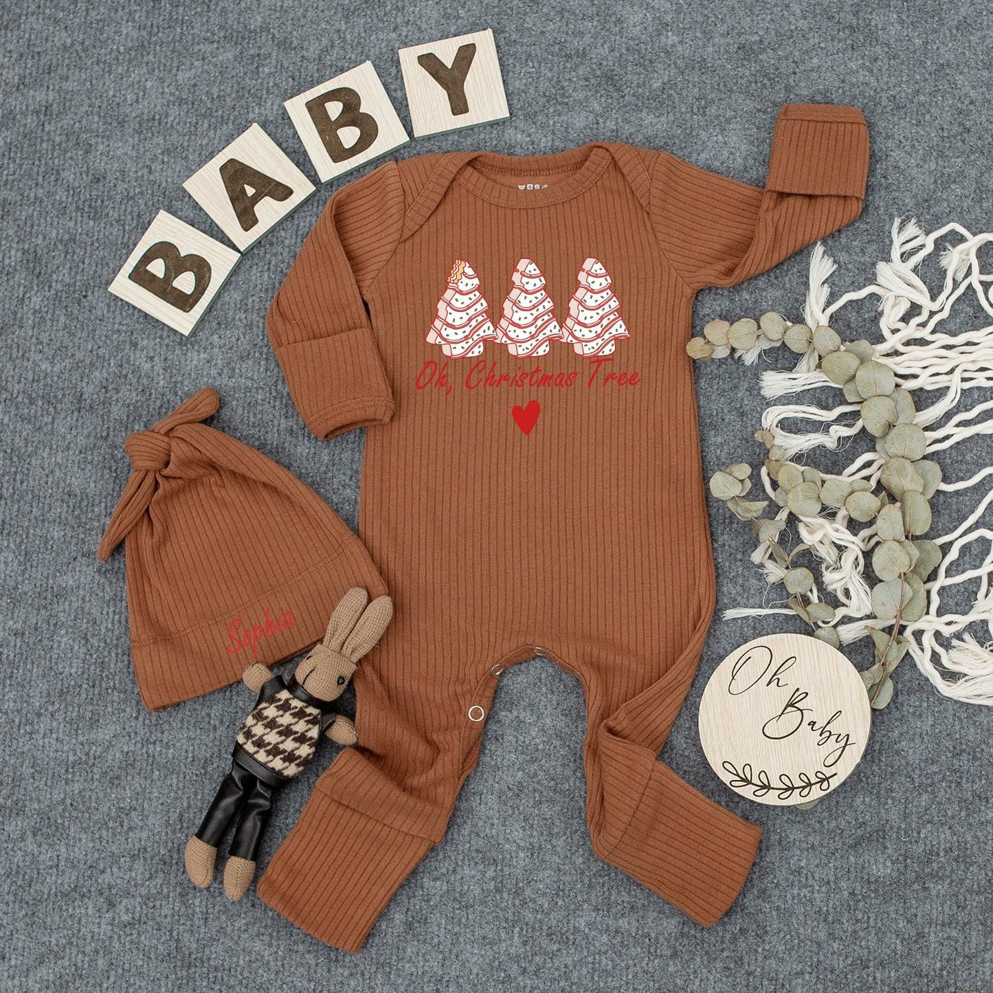 Christmas Tree Cake "Oh, Christmas Tree" Baby Bodysuit & Hat Sophia Name Personalized Newborn Gift Outfit