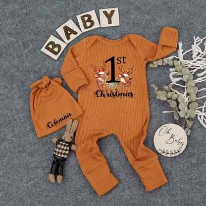 1st Christmas Baby Bodysuit & Hat Set - Custom Newborn Outfit, My First Xmas Gift, Baby Shower, Reindeer Design, Girl/Boy Announcement