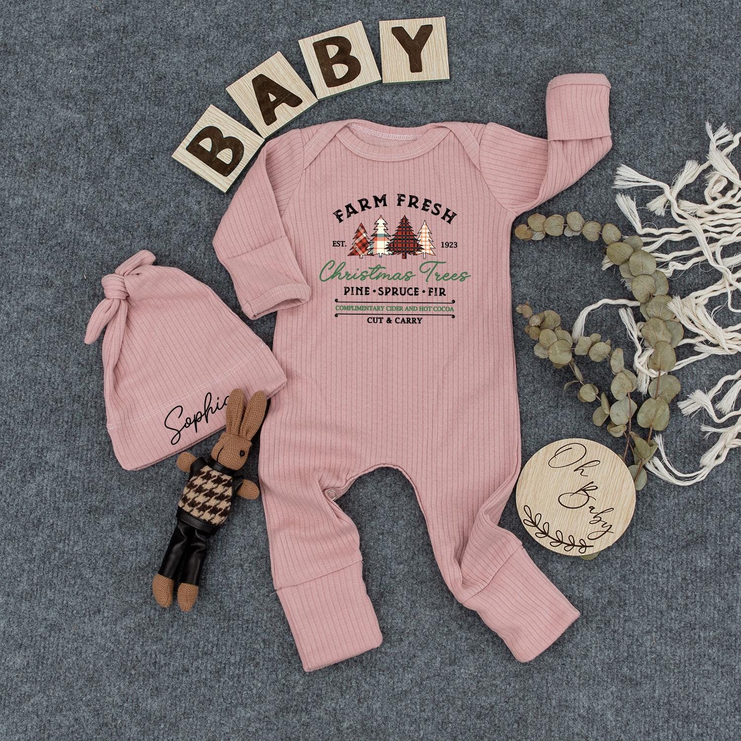 Farm Fresh Christmas Trees Baby Bodysuit & Hat Set, Newborn Jumpsuit Outfit, EST. 1923 Pine Spruce Fir, Rustic Holiday Coming Home Gift, Shower Present (139 chars)