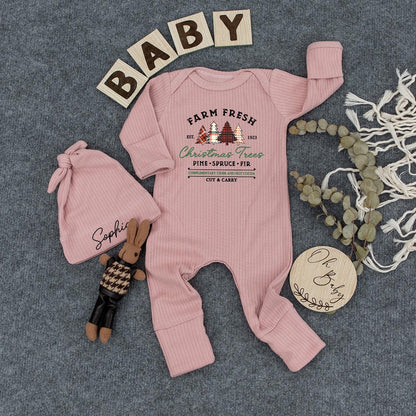 Farm Fresh Christmas Trees Baby Bodysuit & Hat Set, Newborn Jumpsuit Outfit, EST. 1923 Pine Spruce Fir, Rustic Holiday Coming Home Gift, Shower Present (139 chars)