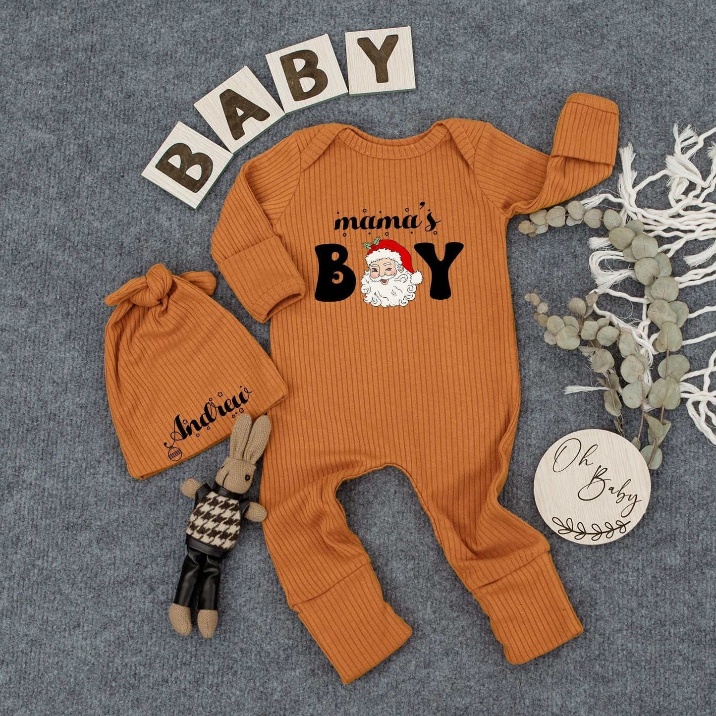 Mama's Boy Christmas Baby Bodysuit, Santa Claus Newborn Jumpsuit, Baby Shower Gift, 1st Xmas Outfit, Cursive & Block Font Design