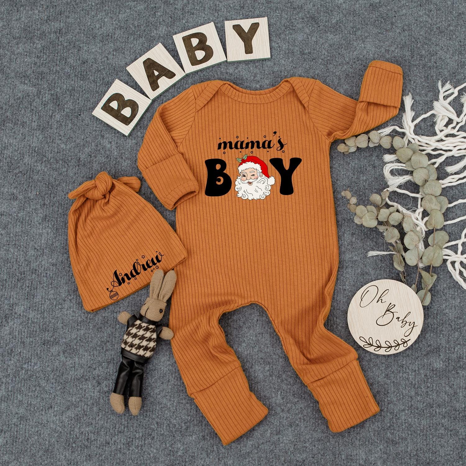 Mama's Boy Christmas Baby Bodysuit, Santa Claus Newborn Jumpsuit, Baby Shower Gift, 1st Xmas Outfit, Cursive & Block Font Design