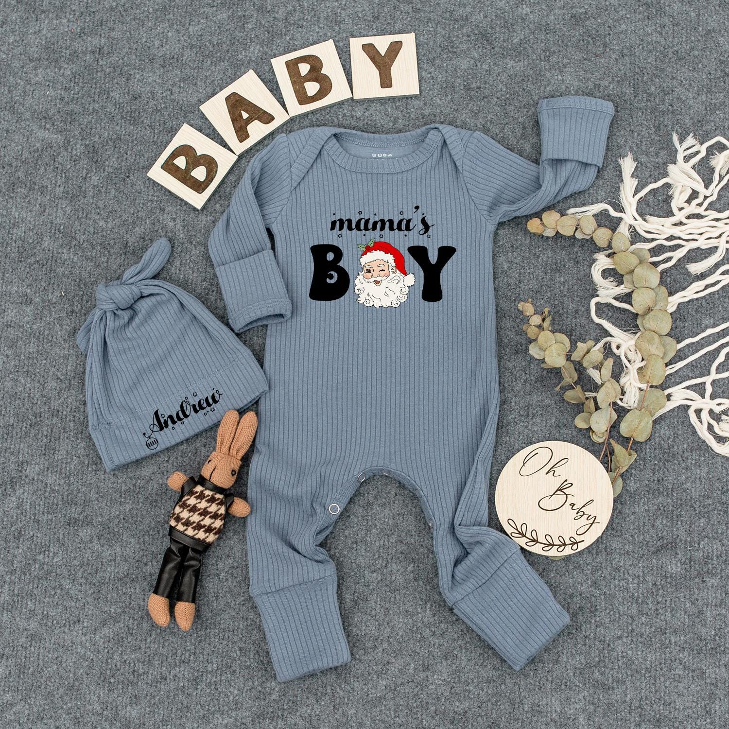 Mama's Boy Christmas Baby Bodysuit, Santa Claus Newborn Jumpsuit, Baby Shower Gift, 1st Xmas Outfit, Cursive & Block Font Design